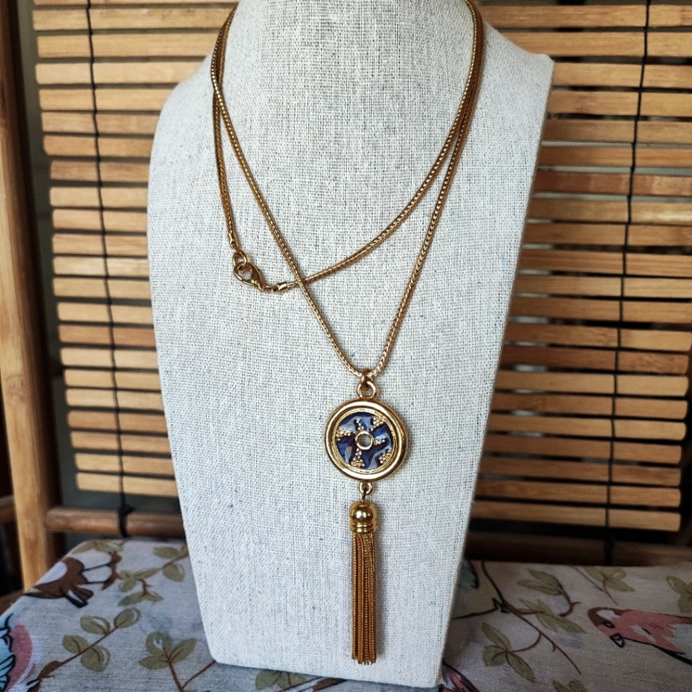 Heavy Plated Gold Tone Navy Blue Enamel Long Vintage Tassel Wheat Chain Necklace